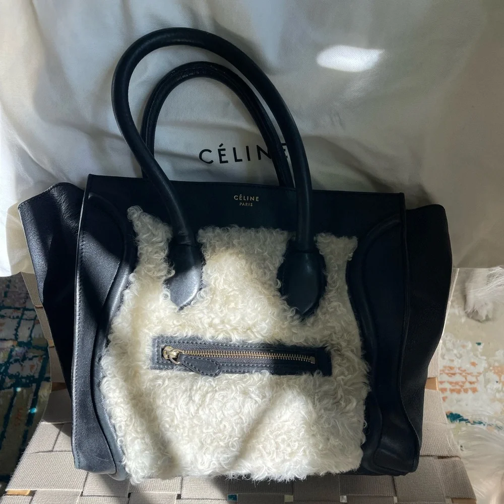 CELINE mini luggage tote bag in leather/shearling - Picture 1 of 15